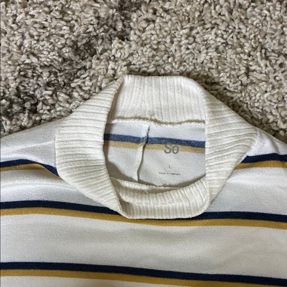 Retro Striped Mock Neck Sweater - White with Navy & Yellow Stripes - Picture 2 of 3